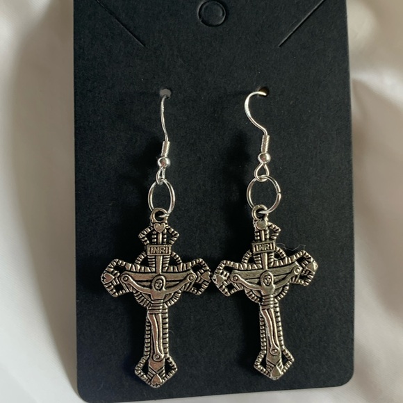 Crucifix Cross earrings Artisan sterling silver hooks pierced - Picture 3 of 6